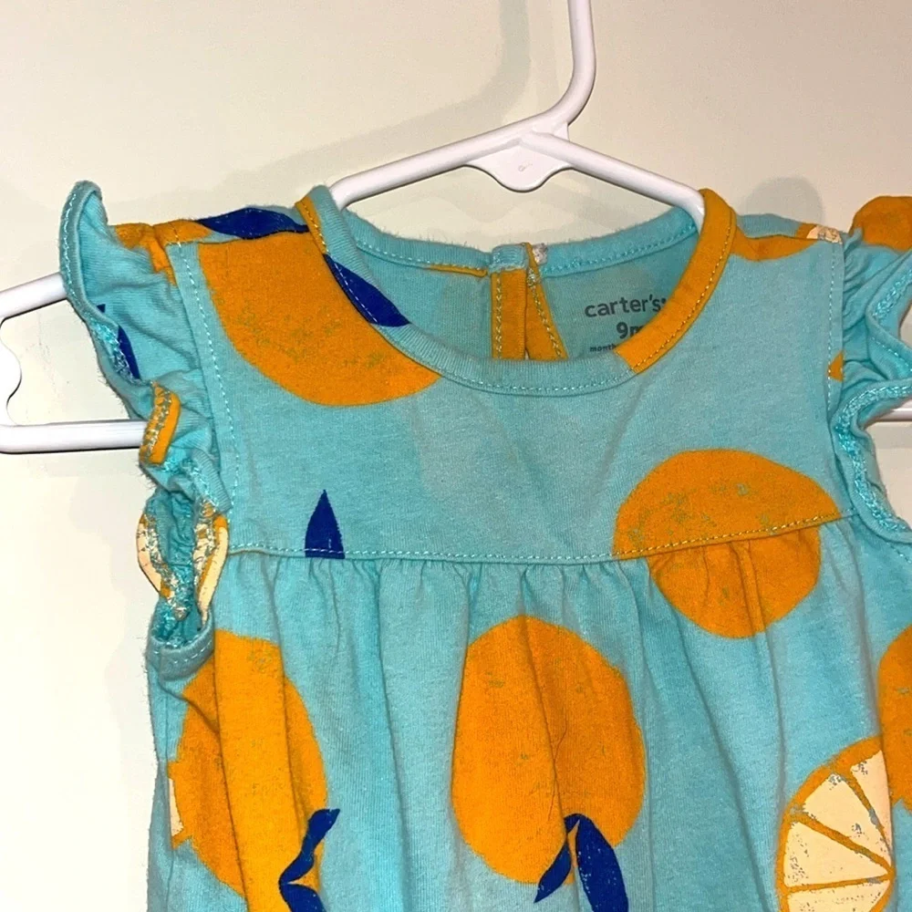 CARTERS Infant Girls 9mo Onesie Romper Citrus Oranges Fruit Ruffles Keyhole Back